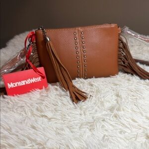 Montana West Brown Crossbody Clutch with Fringe Tassels and Stud Accents New